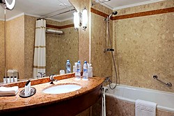 Bath room in Deluxe Room at Marriott Royal Aurora Hotel in Moscow, Russia